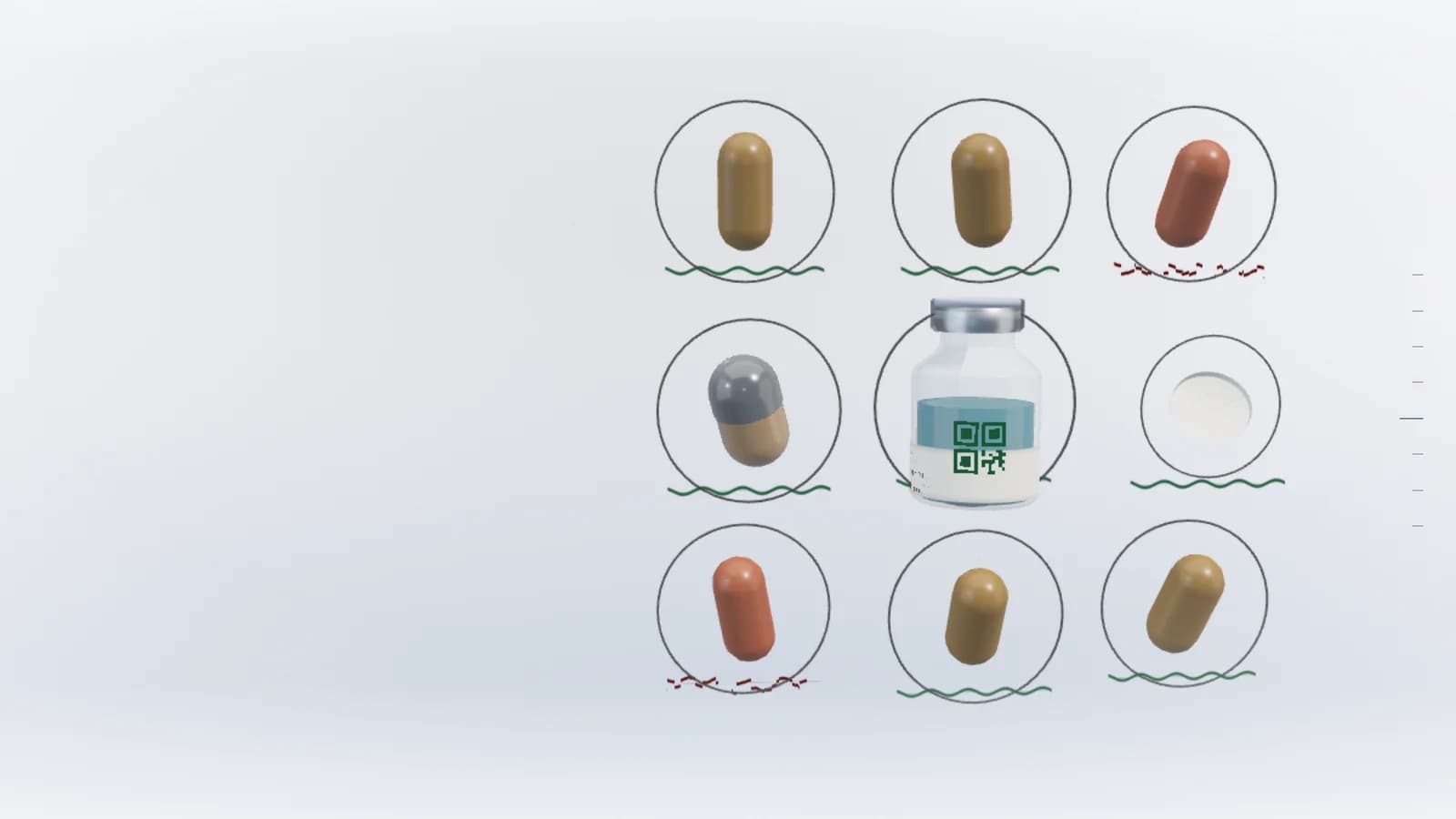 Nine dose specimens held in inspection rings, each with a spectral trace beneath it; the centre specimen is a vial carrying a data-matrix code.
