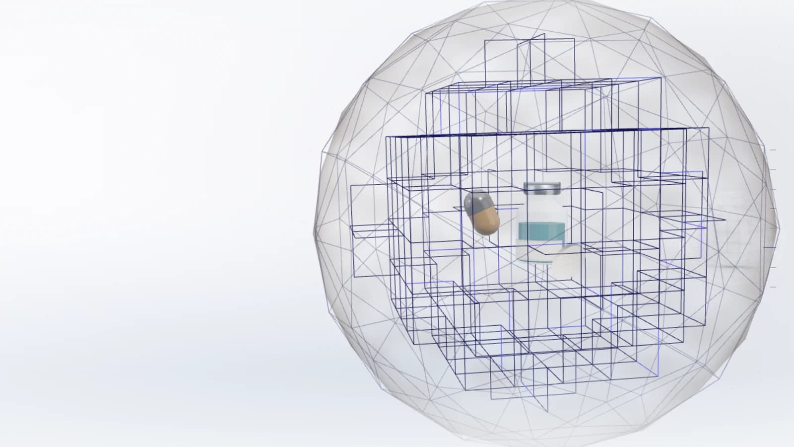 A capsule and a vial enclosed in a lattice structure inside a faceted shell.