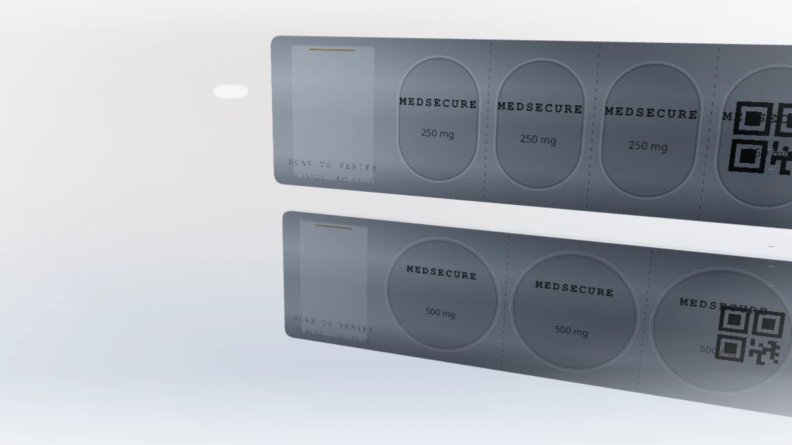 The same strips turned over, showing the printed lidding foil: MEDSECURE, the strength, a data-matrix code and the words SCAN TO VERIFY.