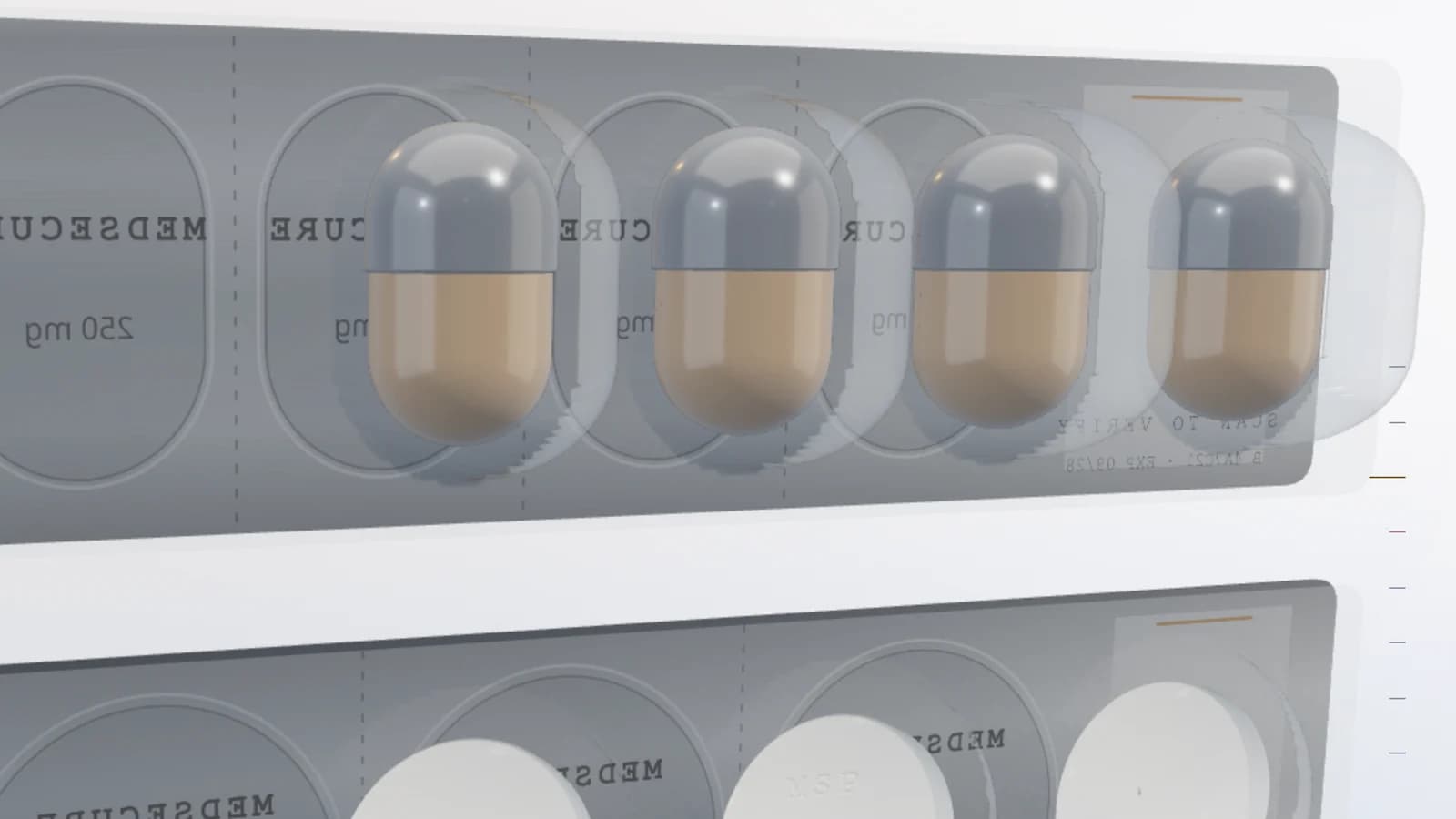 A close render of a blister strip: four capsules seated in formed pockets of a single continuous sheet, with a second strip of tablets below.